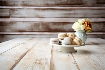 Elegant indulgence, Macarons on a wooden table a sophisticated stock photo capturing the delicate beauty and exquisite flavor of these sweet treats.
