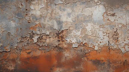 A close-up of a weathered metal surface, with rust and peeling paint adding to its textured appearance.