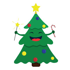 Cartoon Christmas tree. Funny happy fir with sparkles and candy. Vector illustration isolated on white background