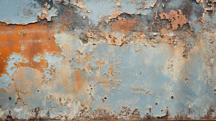 Fotobehang A close-up of a weathered metal surface, with rust and peeling paint adding to its texture. © Image Studio