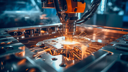 CNC milling machine cutting the sheet metal with the sparking light. hi-technology automotive part manufacturing process. - obrazy, fototapety, plakaty