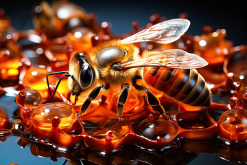 Golden sweetness, Honey on a dark background a rich and enticing stock photo capturing the luscious allure of this natural, liquid gold.