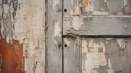 A close-up of a weathered wooden door, with its peeling paint and textured grain.