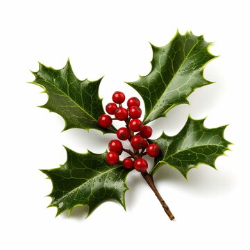 holly leaves and berries isolated on white