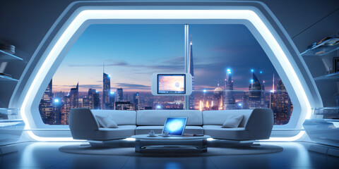 futuristic apartment interior design with panorama window and seating area
