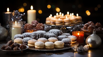 Sweet pastries with berries. Showcase in a candy store. Glass stand with cake eclairs and tartlets. refrigerator shelves with sweets. Confectioner's work space.