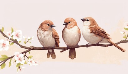 birds perched on a branch in the blooming flowers,