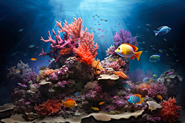 Colorful tropical coral reef and fish in the Sea.