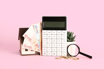 Calculator, house model, money, magnifier and houseplant on pink background. Mortgage concept