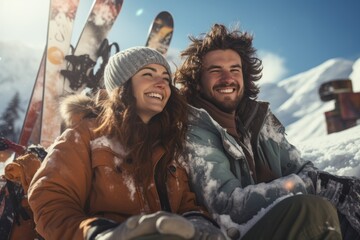 young couple with ski relaxing on the snow