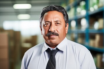 Confident mature businessman in a light-colored shirt and tie, standing in an industrial setting.