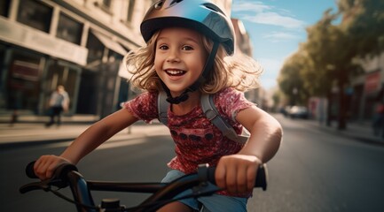 a cute girl wearing a helmet on her bike riding down the street,