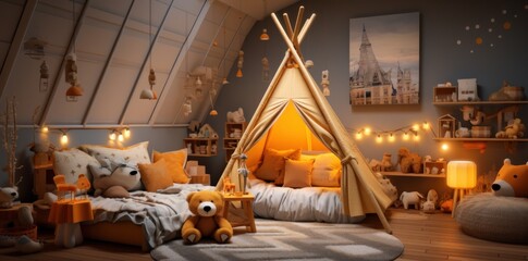 a cute young boy's room with a teepee, couches and bears,