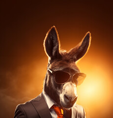 a donkey in a suit wearing sunglasses,
