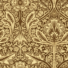 Seamless pattern, ornament with gravilate and chickweed plant in yellow-brown graphics in the style of Morris. Large format. Digital illustration. Suitable for interior decoration, wallpaper, fabrics,