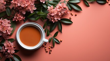 Obraz na płótnie Canvas Cup of tea and coral background, flowers, citrus fruits and greenery branches. Banner with copy space, template