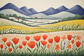 Poster Pastoral painting of a meadow dotted with red poppies and daisies leading to quaint cottages nestled at the foot of gentle blue mountains. © Anton Moskovchenko