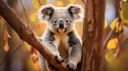 Adorable Koala Clinging to a Tree with Autumn Leaves Background