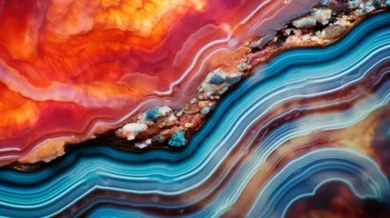 Papier Peint photo Lavable Cristaux A close-up shot of a slice of agate stone, showcasing its vibrant colors and intricate layers.