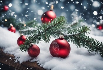 Fototapeta na wymiar Christmas Border - Fir Branches And Ornament On Snowy Plank