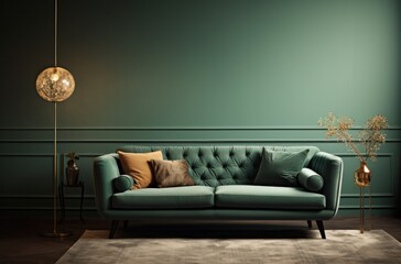 a living room with a green couch and other pieces of furniture,