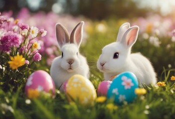Easter - Bunny And Decorated Eggs In Flowery Field