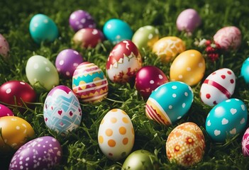 Fototapeta na wymiar Easter - Colorful Decorated Eggs On Field