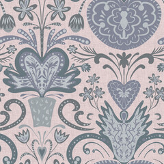 Seamless pattern, ornament with hearts, birds and flowers for Valentine's Day on a pink background. Digital illustration. Suitable for interior decoration, wallpaper, fabrics, clothing, stationery.