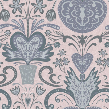 Seamless pattern, ornament with hearts, birds and flowers for Valentine's Day on a pink background. Digital illustration. Suitable for interior decoration, wallpaper, fabrics, clothing, stationery.