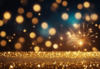Golden Glitter Background With Fireworks In The Night