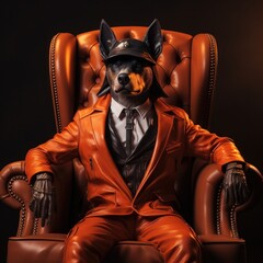 a man is sitting in an orange jacket on a leather chair,