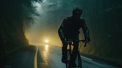 a man riding a bike on a road through the forest,