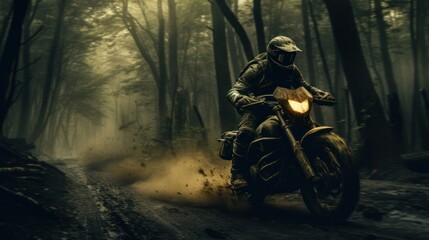 a man on a motorcycle rides through the woods,