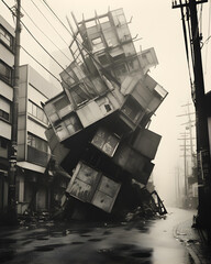 abandoned Tokyo, geometric, fantastic, surrealist, old black and white photo with fine scratches, ambrotype, 