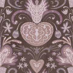Seamless pattern, ornament with hearts, birds and flowers for Valentine's Day on a brown background. Digital illustration. Suitable for interior decoration, wallpaper, fabrics, clothing, stationery.