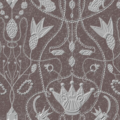 Seamless pattern, large ornament with a fairy-tale princess frog, chains, jewelry and decorations on a brown background. Digital illustration. Suitable for interior decoration, wallpaper, fabrics