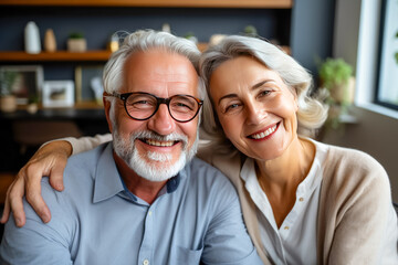 Portrait of happy senior couple looking at camera while sitting on sofa at home