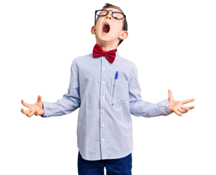 Cute blond kid wearing nerd bow tie and glasses crazy and mad shouting and yelling with aggressive expression and arms raised. frustration concept.