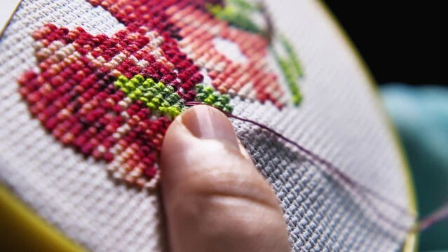 A woman is embroidering a brightly coloured design on a canvass fixed with a hoop. Close-up. A relaxing hobby. Part of the work process on a beautiful embroidery