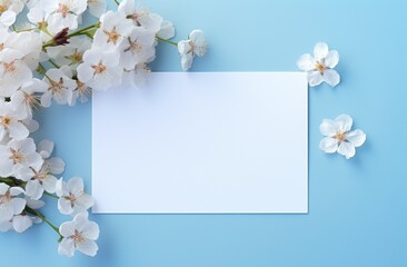 a rectangle frame with delicate white flower lays on a blue table,