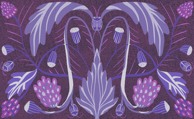 Ornament with purple blackberries, berries and leaves on a dark lilac background. Digital illustration. Suitable for interior, wallpaper, fabrics, clothing, stationery.