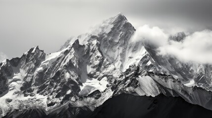 Black and white panoramic shot of towering mountain peaks