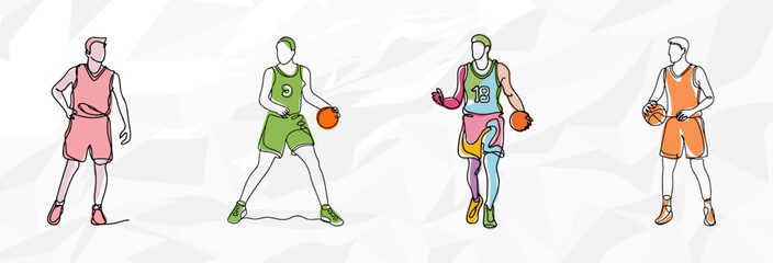 Basketball-Fever: Lineart Vektorgrafik-Bundle von Basketballspielern in bunten Outfits