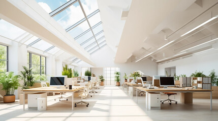 copy space, stockphoto, Inspiring office interior design Contemporary style Open workspace featuring Skylight architecture. Open office mock up. Modern style office with a lot of natural light comming