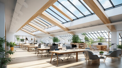 copy space, stockphoto, Inspiring office interior design Contemporary style Open workspace featuring Skylight architecture. Open office mock up. Modern style office with a lot of natural light comming