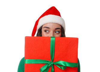 Beautiful young woman in Santa hat with Christmas celebration gift isolated on white