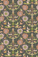 Seamless pattern, ornament with flowers and electricity on a light green background, surrealism. Digital illustration. Suitable for interior decoration, wallpaper, fabrics, clothing, stationery.