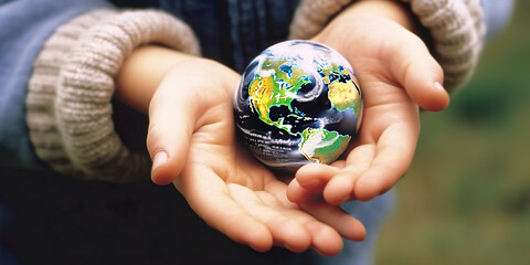 Little boy's hands holding a world globe