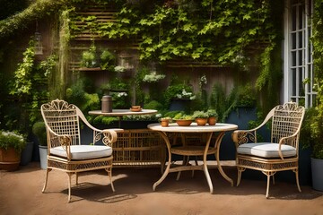 an artistic interpretation of a vintage terrace with classic garden furniture, aged wooden accents, and ivy-covered walls, evoking a nostalgic and timeless atmosphere