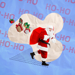 Christmas art collage with hurrying Santa Claus. Gift boxes flying out from his red sack on color background